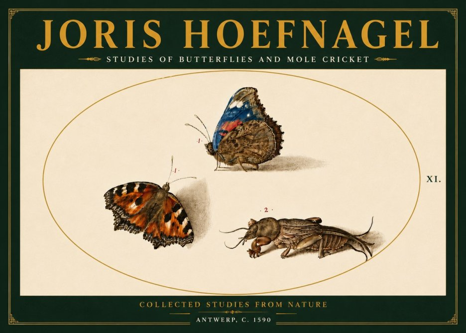 Joris Hoefnagel Studies of Butterflies and Mole Cricket No6 - Póster
