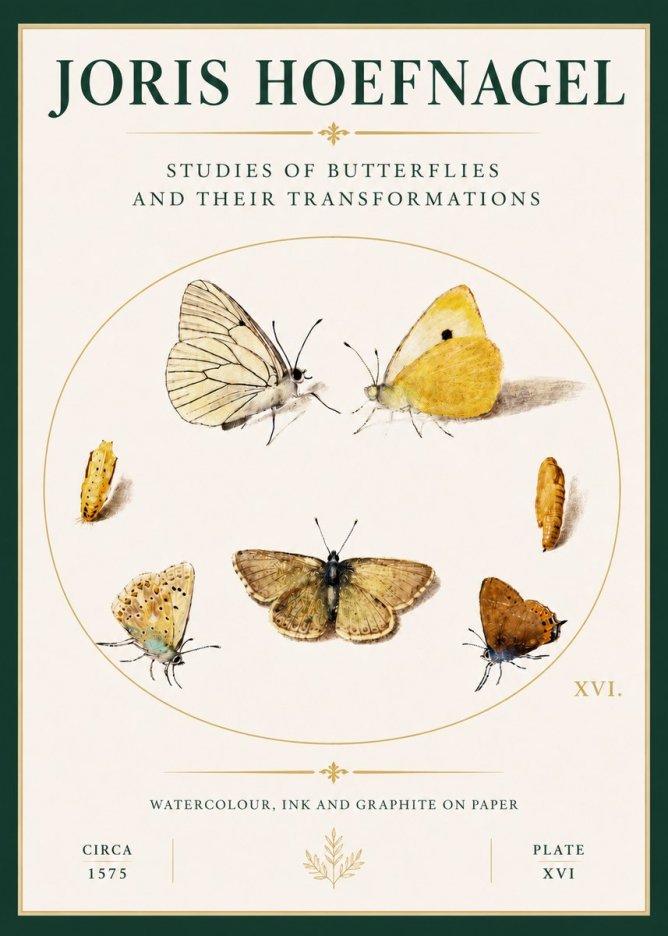 Joris Hoefnagel Studies of Butterflies and Their Transformations No4 - Póster