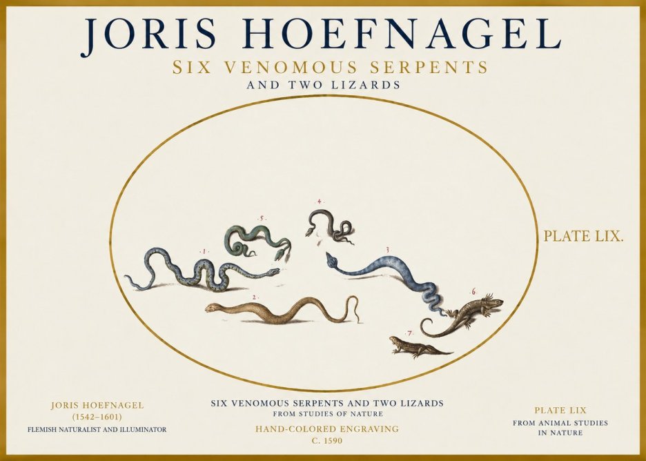 Joris Hoefnagel Six Venomous Serpents and Two Lizards No1 - Póster
