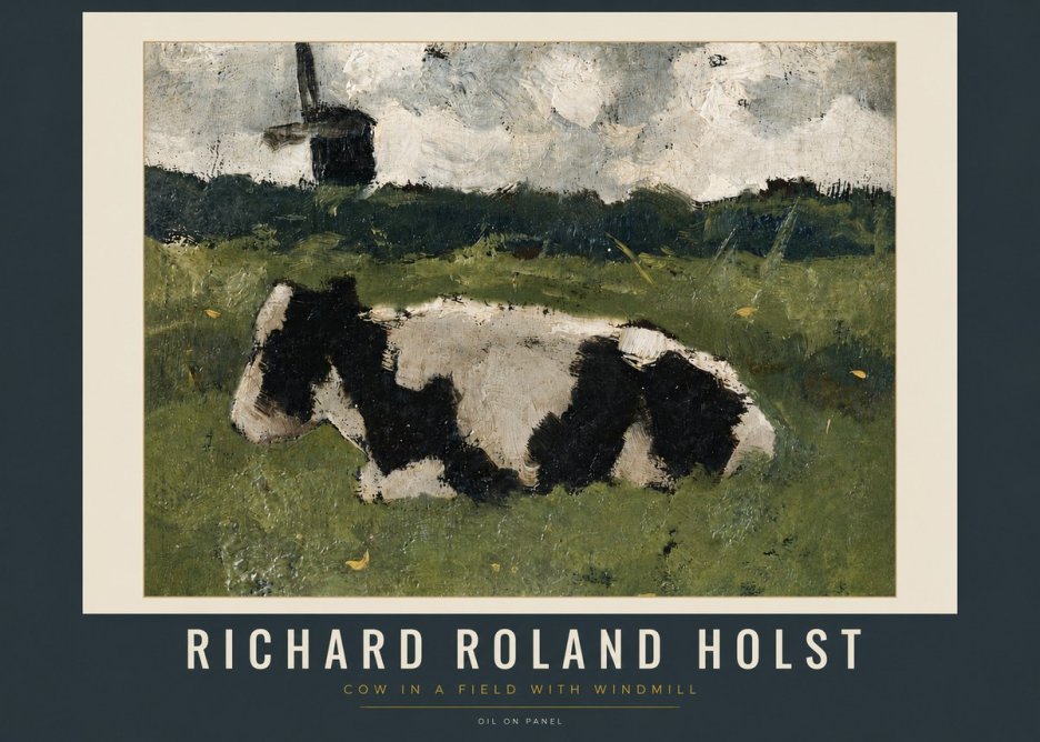 Richard Roland Holst Cow in a Field with Windmill No5 - Póster