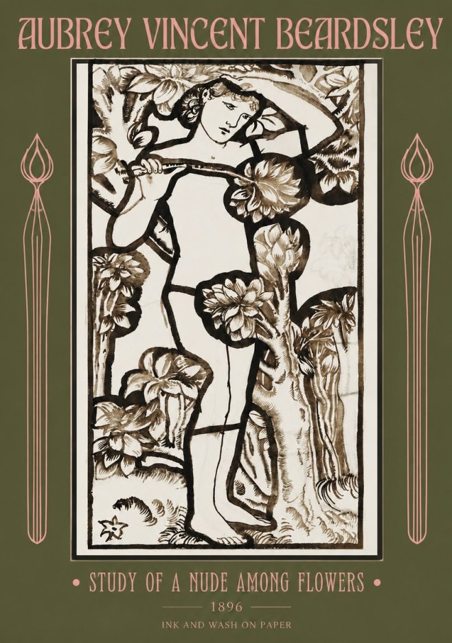 Aubrey Beardsley Study of a Nude Among Flowers No2 - Póster