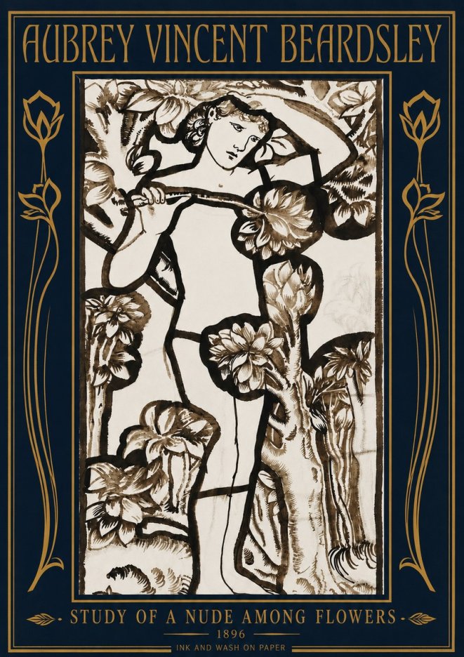 Aubrey Beardsley Study of a Nude Among Flowers No4 - Póster