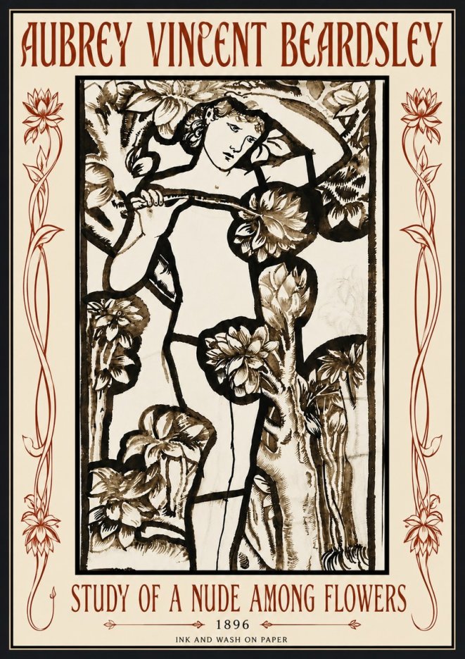 Aubrey Beardsley Study of a Nude Among Flowers No6 - Póster