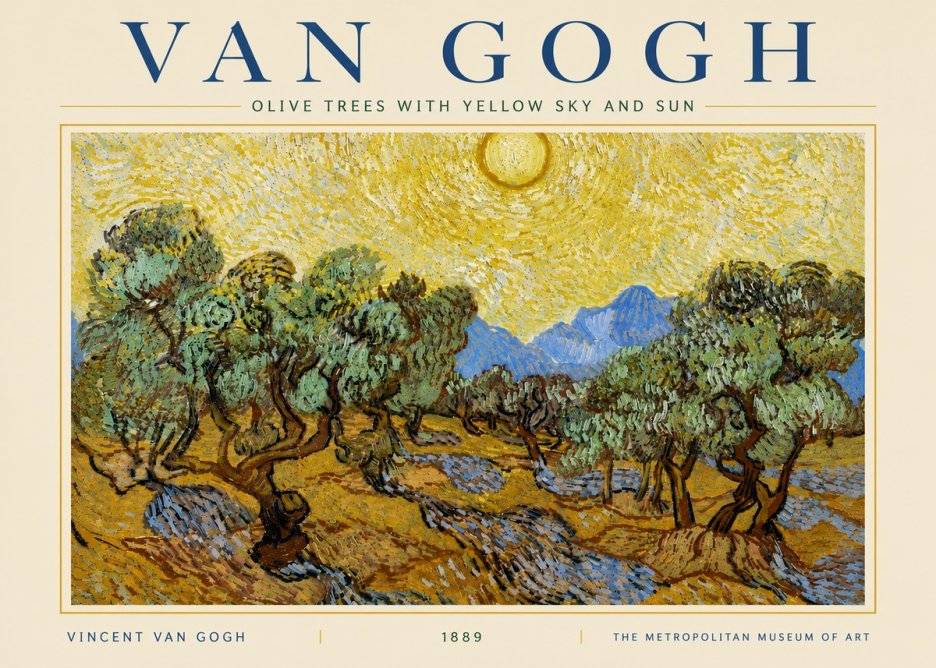 Van Gogh Olive Trees with Yellow Sky and Sun No5 - Póster