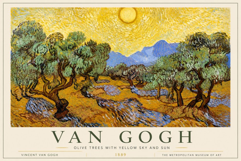 Van Gogh Olive Trees with Yellow Sky and Sun No6 - Póster