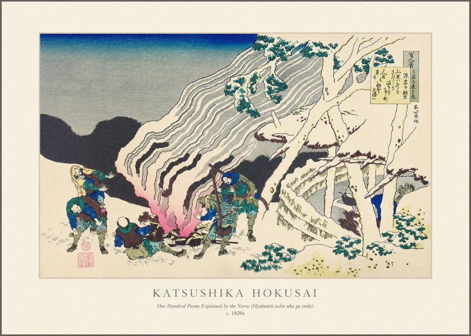 Katsushika Hokusai One Hundred Poems Explained by the Nurse (Hyakunin Isshu Uba Ga Etoki) No1 - Póster