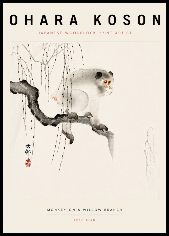 Ohara Koson Monkey on a Willow Branch No3 - Póster