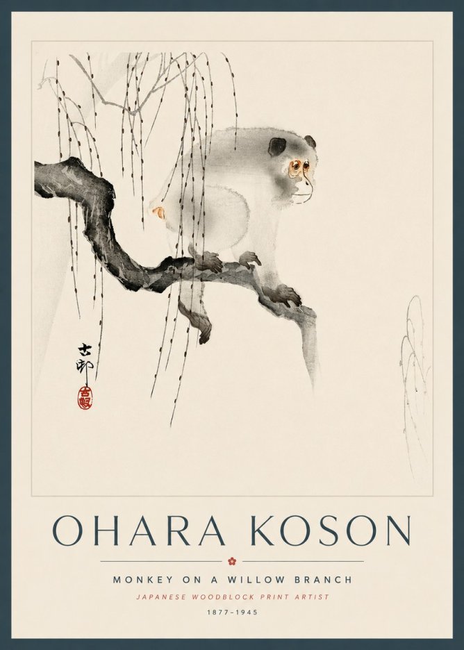 Ohara Koson Monkey on a Willow Branch No5 - Póster