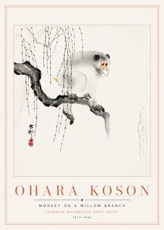 Ohara Koson Monkey on a Willow Branch No6 - Póster