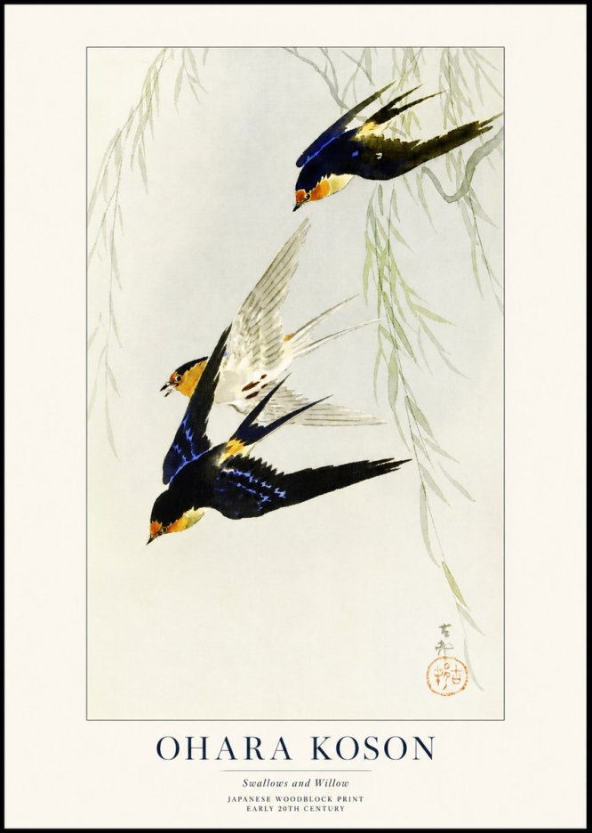 Ohara Koson Swallows and Willow I No1 - Póster