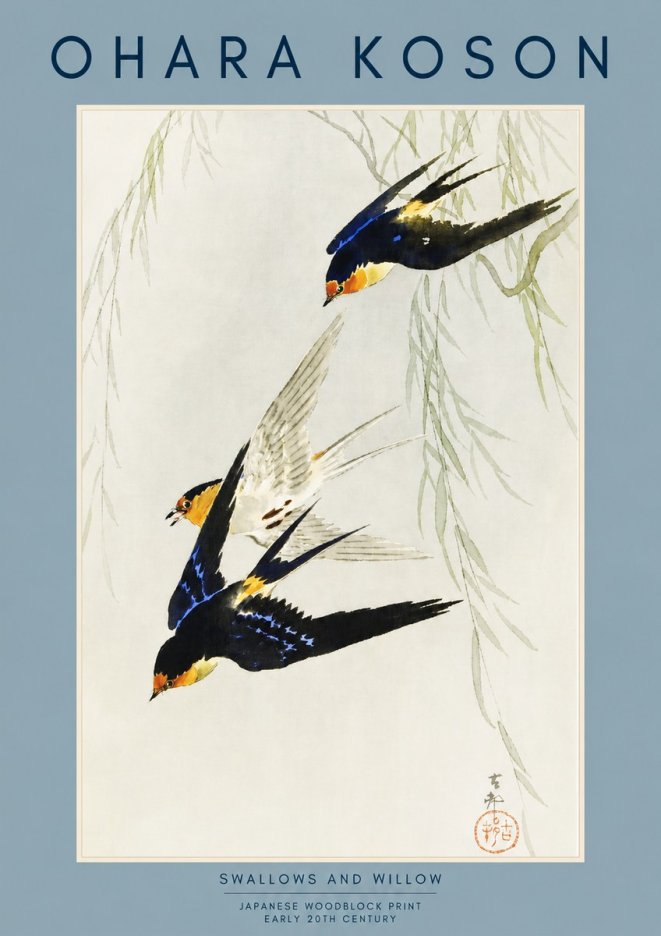 Ohara Koson Swallows and Willow I No2 - Póster