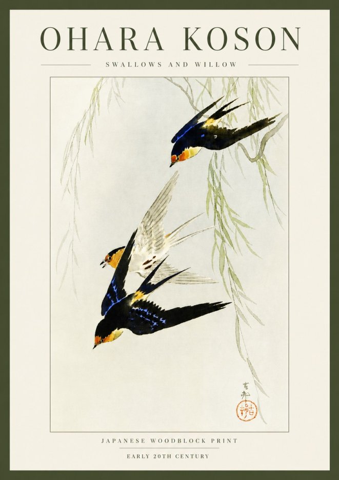 Ohara Koson Swallows and Willow I No3 - Póster