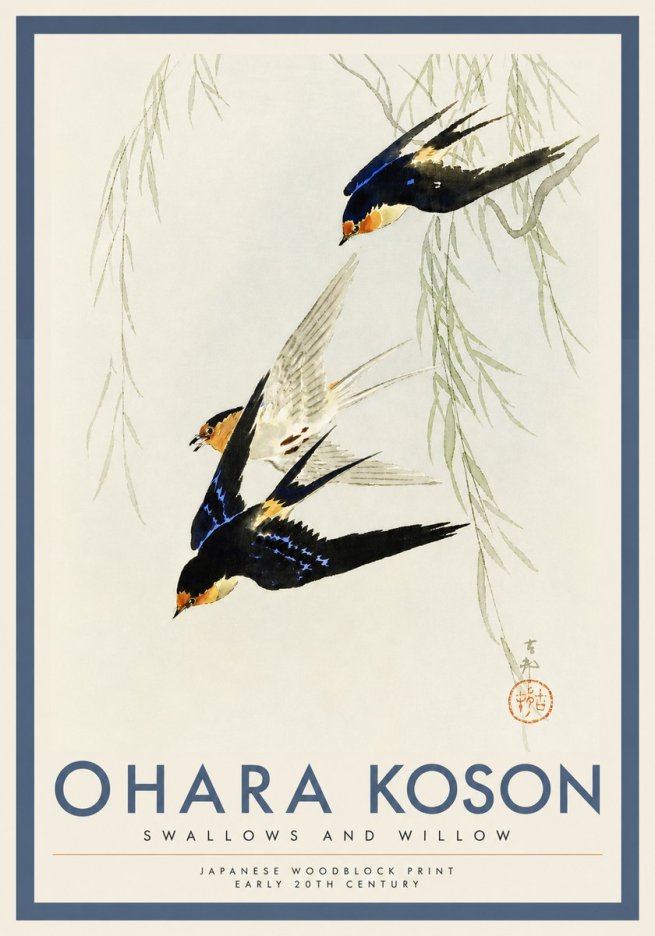 Ohara Koson Swallows and Willow I No4 - Póster