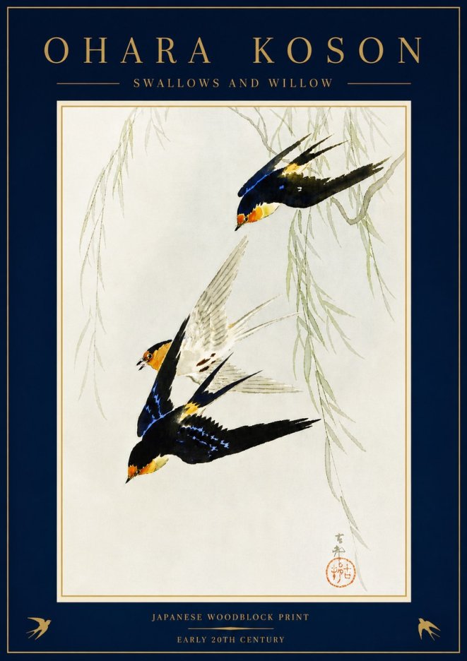 Ohara Koson Swallows and Willow I No5 - Póster