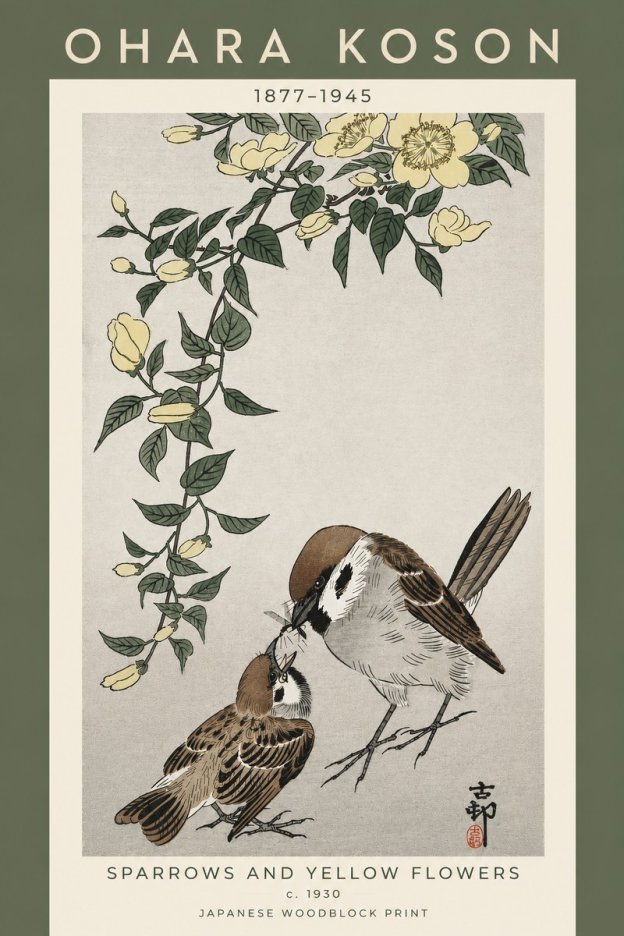 Ohara Koson Sparrows and Yellow Flowers No5 - Póster