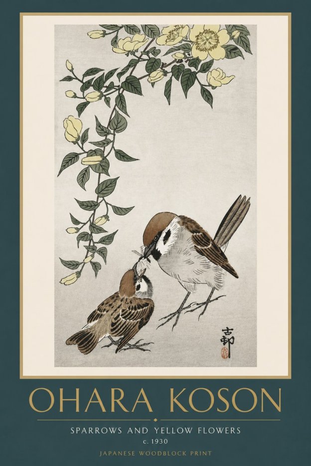 Ohara Koson Sparrows and Yellow Flowers No6 - Póster