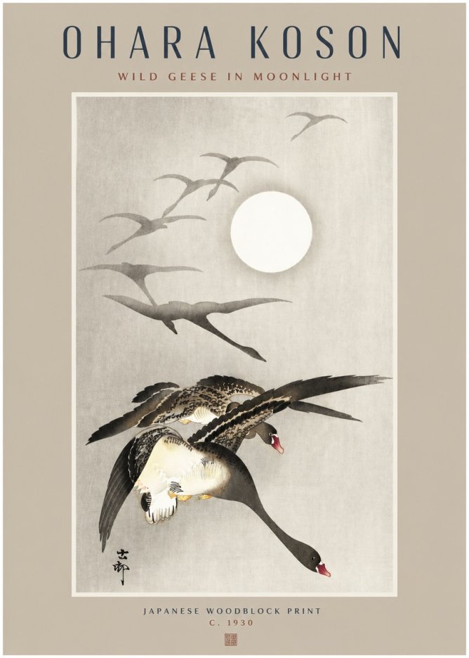 Ohara Koson Wild Geese in Moonlight I No2 - Póster