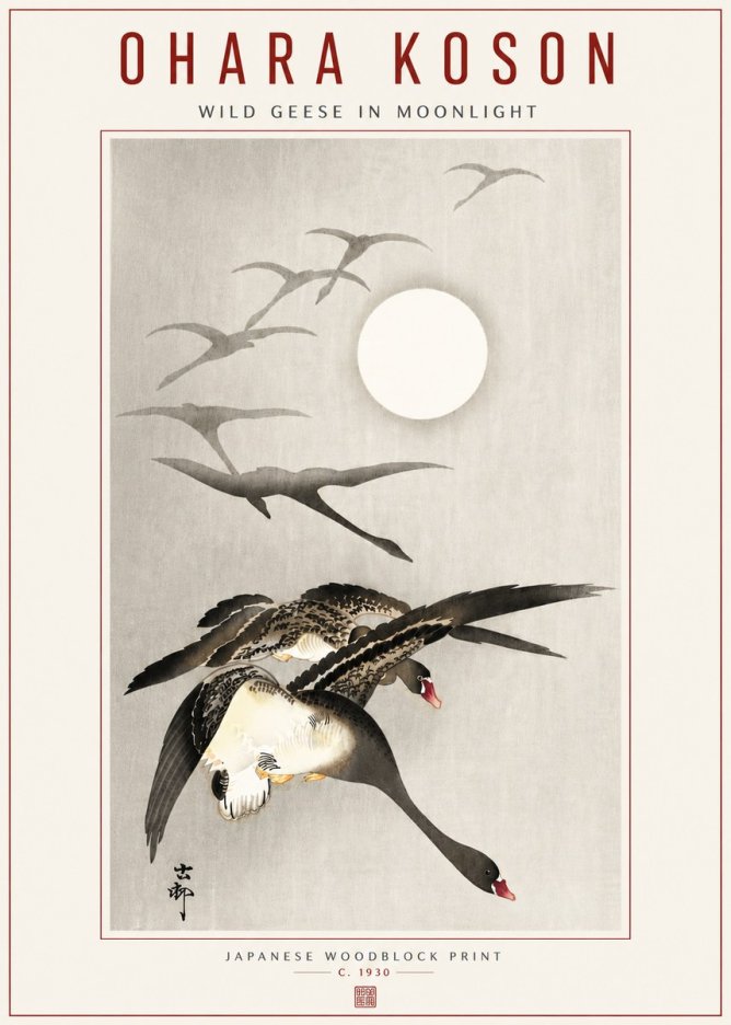 Ohara Koson Wild Geese in Moonlight I No5 - Póster