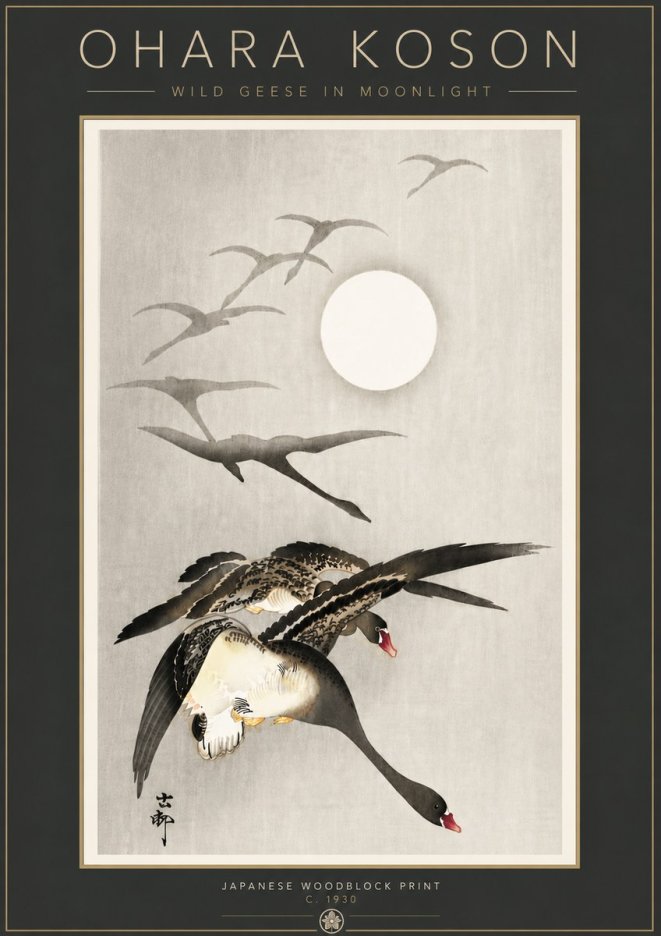 Ohara Koson Wild Geese in Moonlight I No6 - Póster