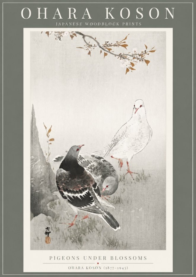 Ohara Koson Pigeons Under Blossoms No2 - Póster