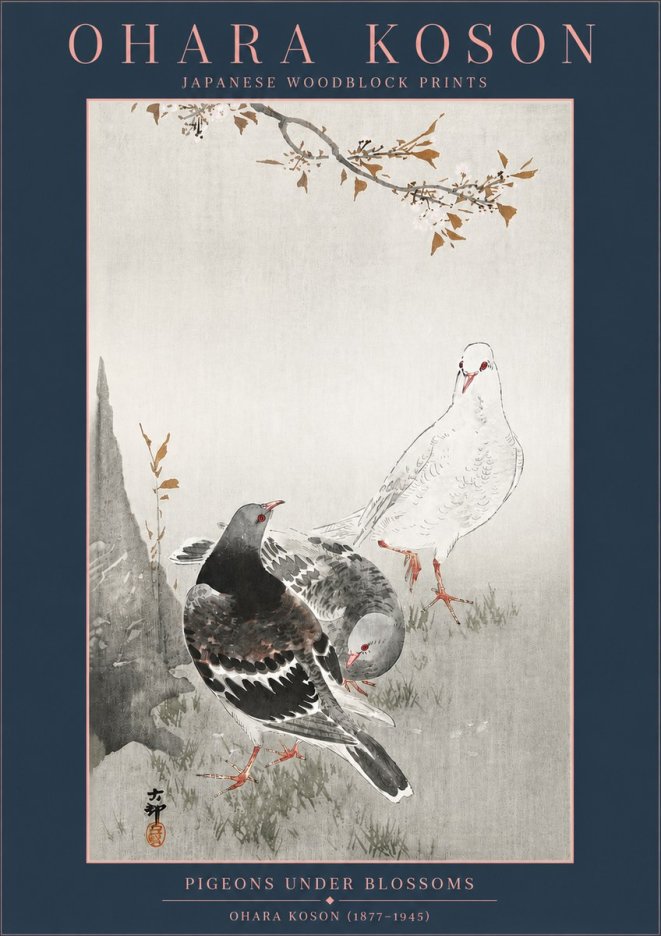 Ohara Koson Pigeons Under Blossoms No4 - Póster