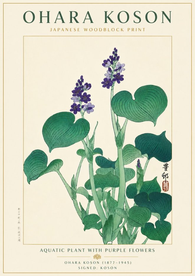 Ohara Koson Aquatic Plant with Purple Flowers No6 - Póster