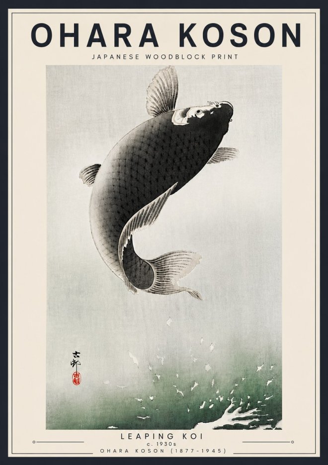 Ohara Koson Leaping Koi II No6 - Póster