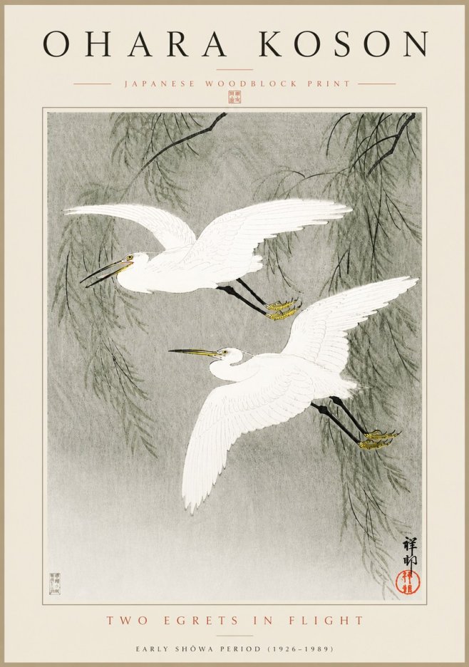 Ohara Koson Two Egrets in Flight No5 - Póster