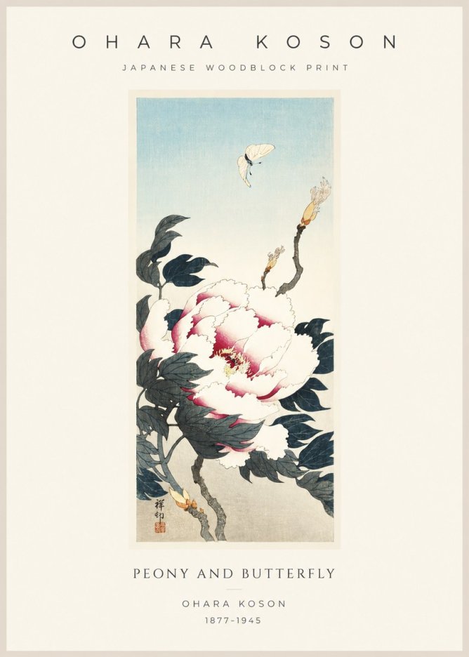 Ohara Koson Peony and Butterfly No1 - Póster