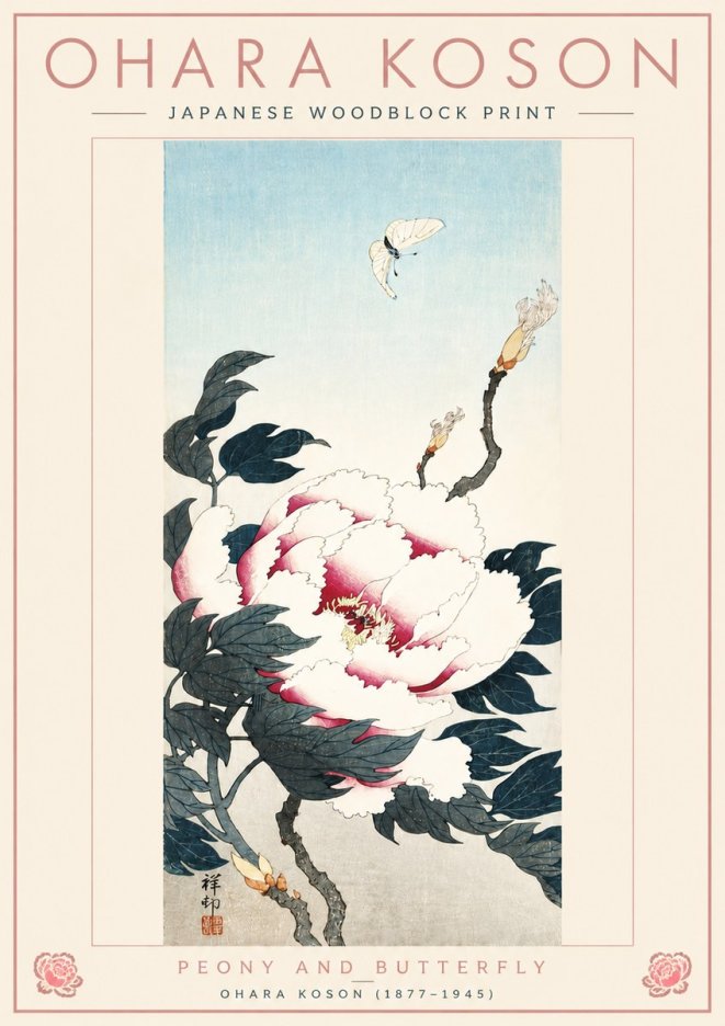 Ohara Koson Peony and Butterfly No4 - Póster