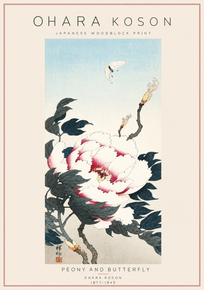 Ohara Koson Peony and Butterfly No6 - Póster