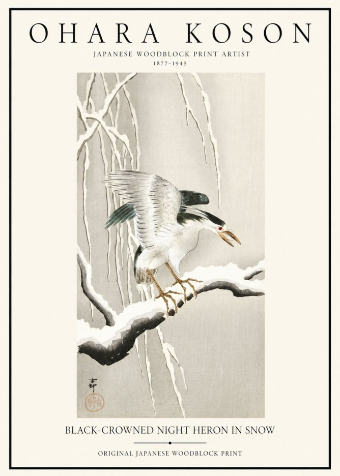 Ohara Koson Black-crowned Night Heron in Snow No1 - Póster
