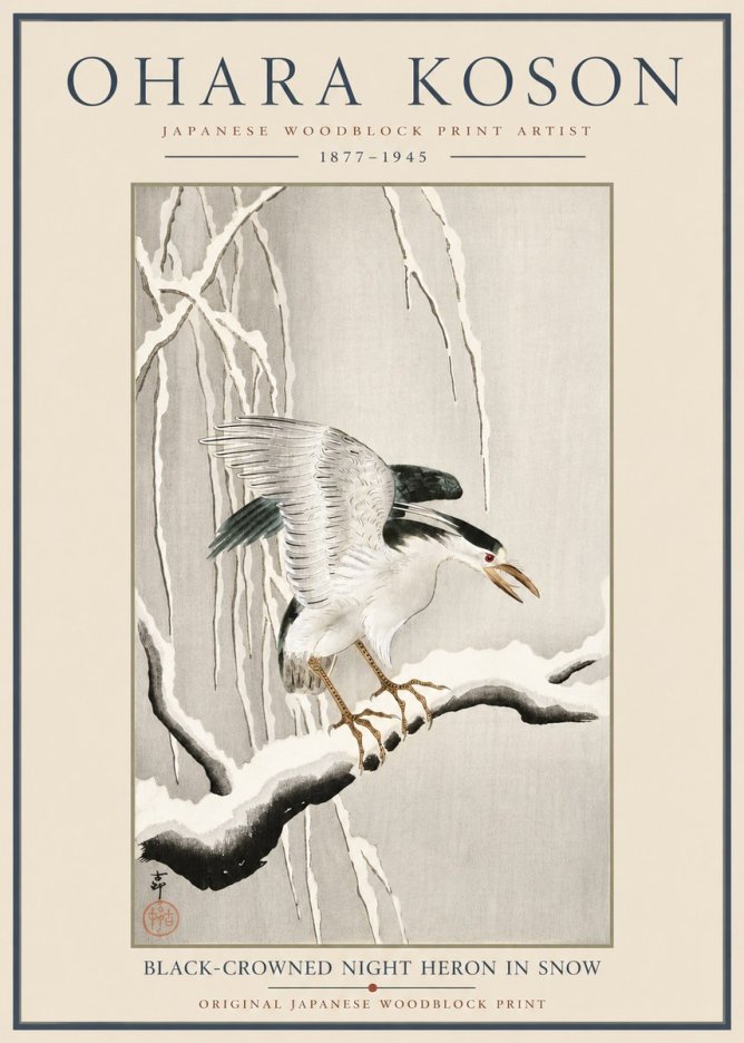 Ohara Koson Black-crowned Night Heron in Snow No6 - Póster