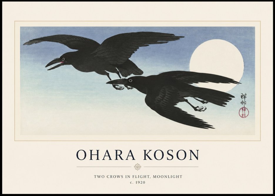 Ohara Koson Two Crows in Flight, Moonlight No1 - Póster