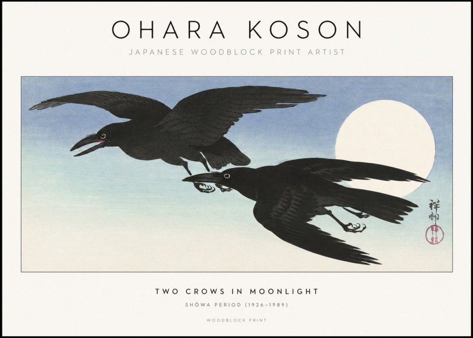 Ohara Koson Two Crows in Flight, Moonlight No2 - Póster