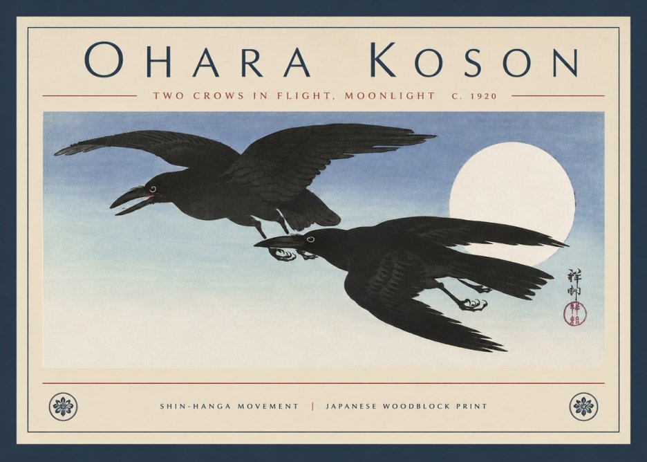 Ohara Koson Two Crows in Flight, Moonlight No4 - Póster