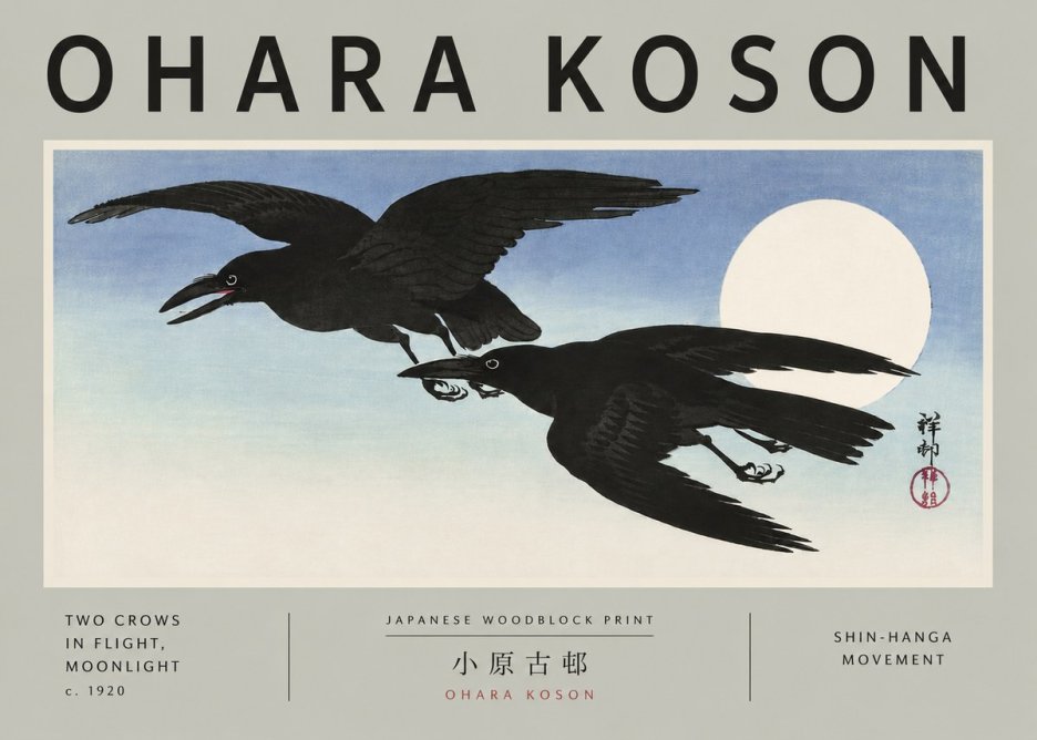 Ohara Koson Two Crows in Flight, Moonlight No5 - Póster