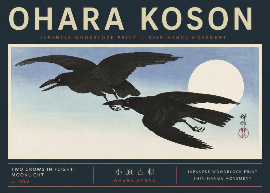 Ohara Koson Two Crows in Flight, Moonlight No6 - Póster