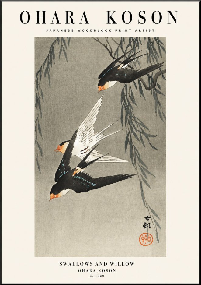 Ohara Koson Swallows and Willow II No1 - Póster