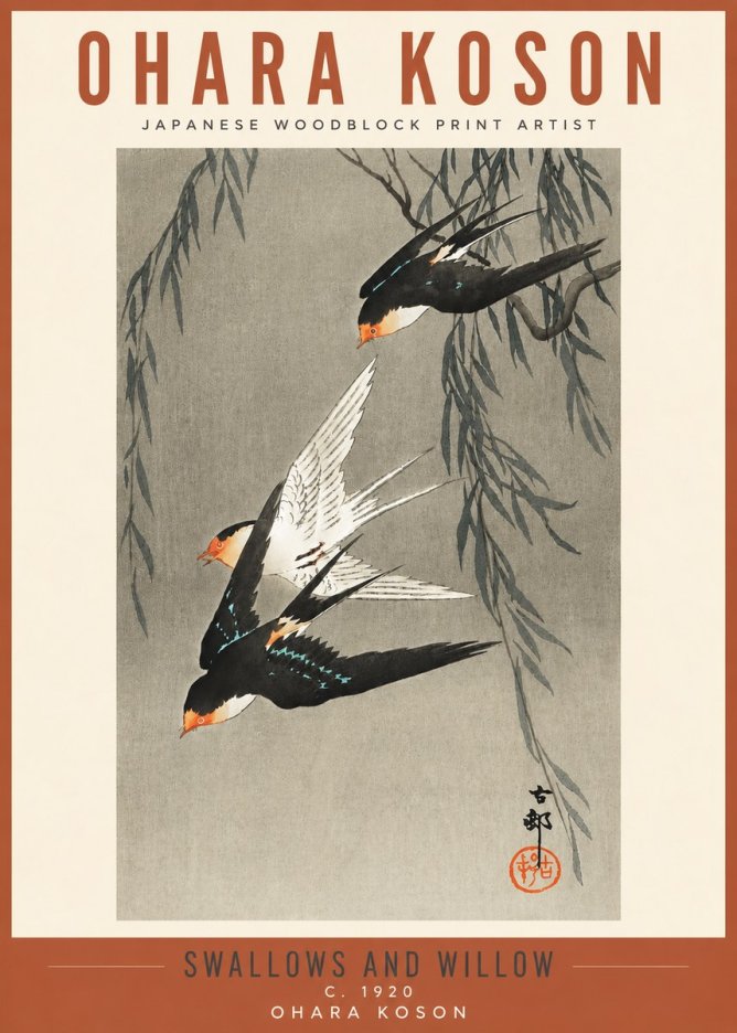 Ohara Koson Swallows and Willow II No3 - Póster