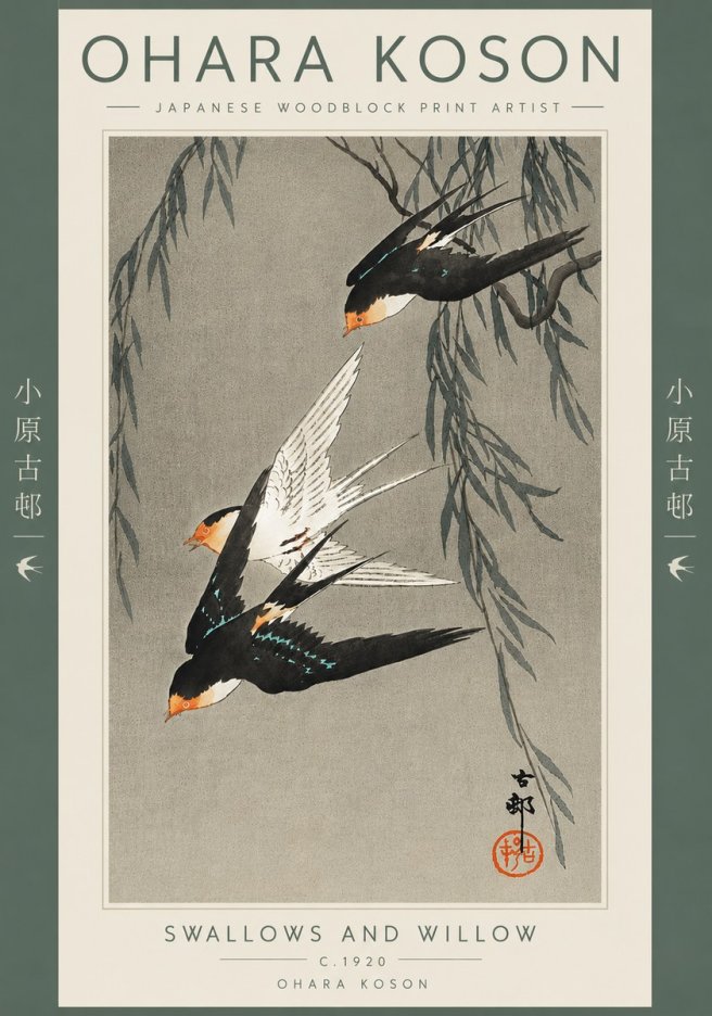 Ohara Koson Swallows and Willow II No5 - Póster