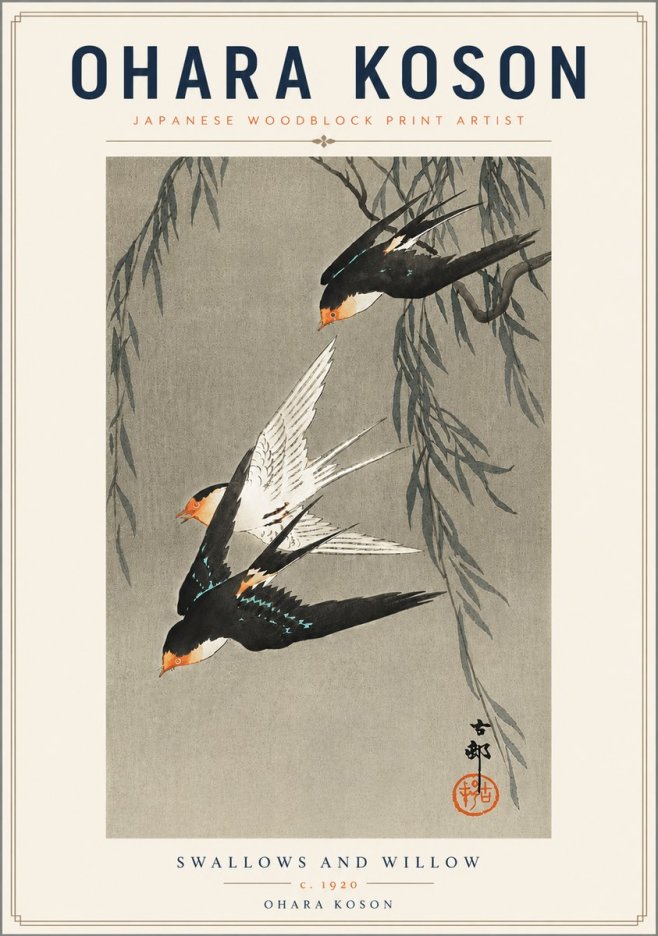 Ohara Koson Swallows and Willow II No6 - Póster