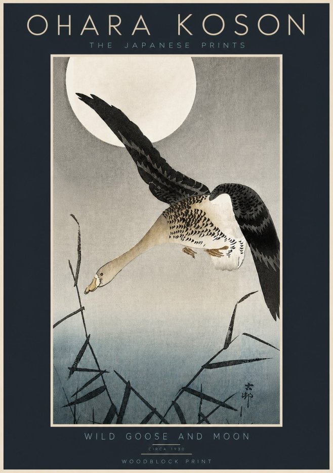 Ohara Koson Wild Goose and Moon No5 - Póster