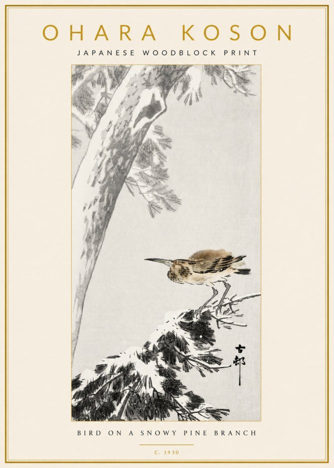 Ohara Koson Bird on a Snowy Pine Branch No3 - Póster