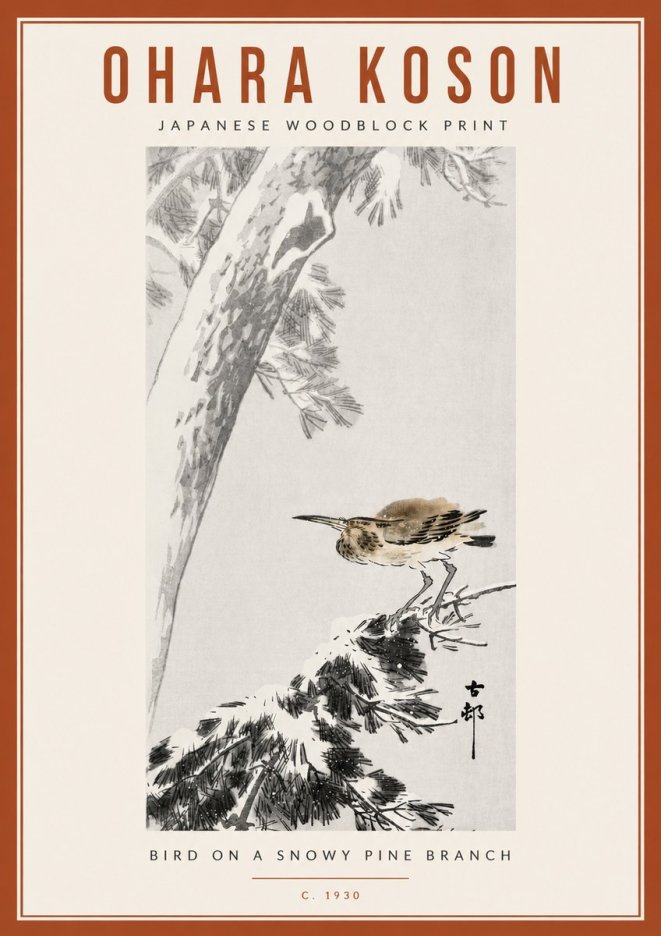 Ohara Koson Bird on a Snowy Pine Branch No6 - Póster
