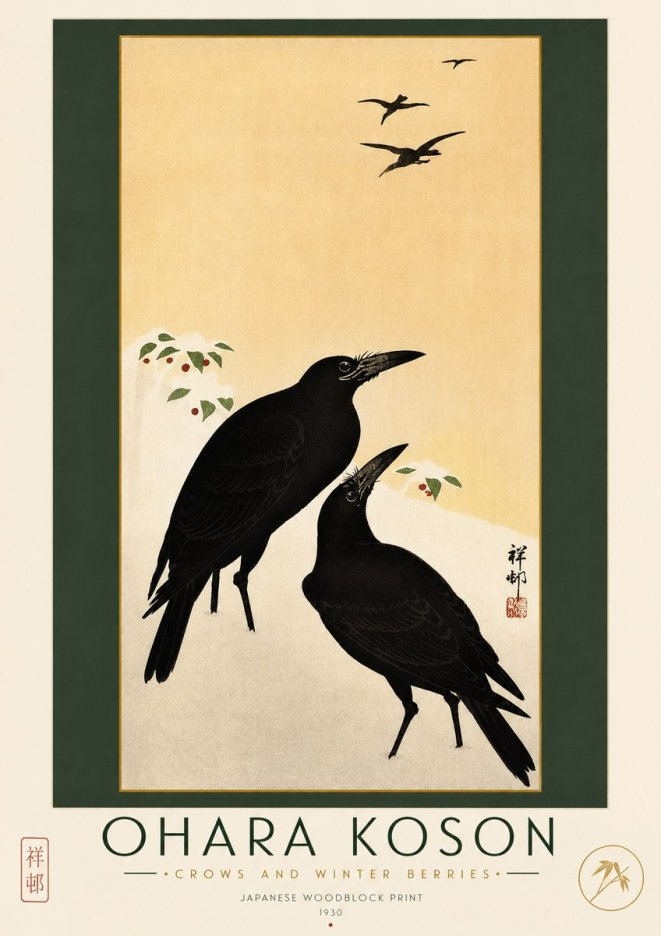Ohara Koson Crows and Winter Berries No2 - Póster