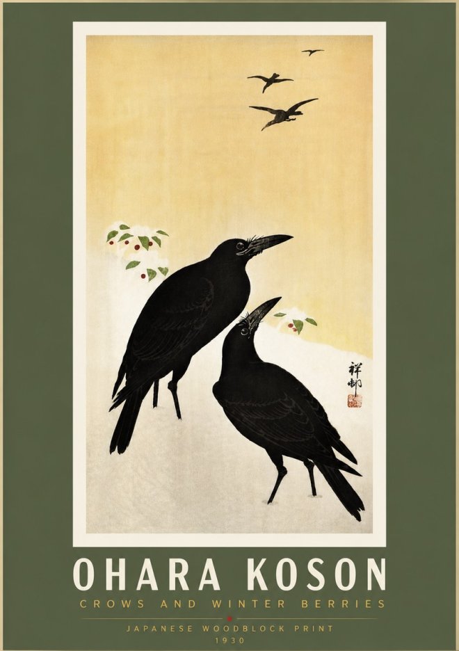 Ohara Koson Crows and Winter Berries No5 - Póster