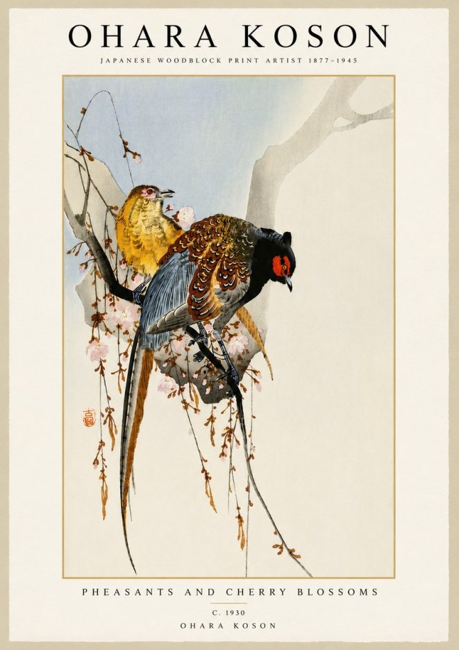 Ohara Koson Pheasants and Cherry Blossoms I No5 - Póster