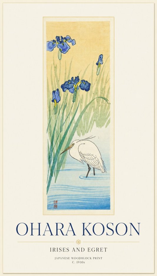 Ohara Koson Irises and Egret No1 - Póster