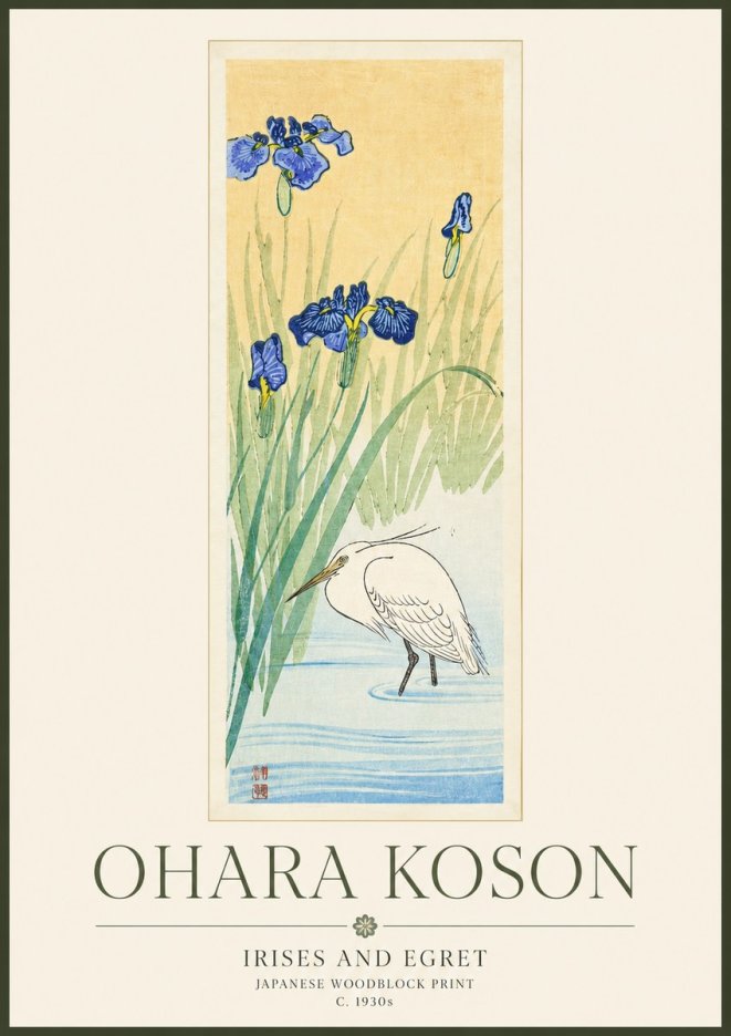 Ohara Koson Irises and Egret No3 - Póster